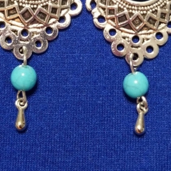 Bright Silver Detailed Earrings with blue beading - Picture 3 of 8